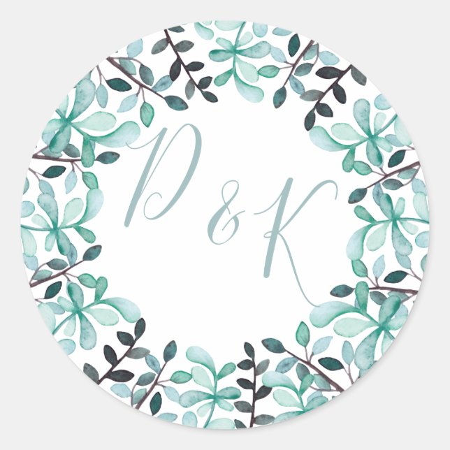 Watercolor Leaves Monogram Wedding Classic Round Sticker (Front)
