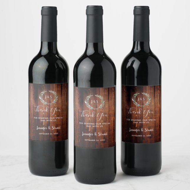 Watercolor leaves on barn wood thank you wedding wine label (Bottles)