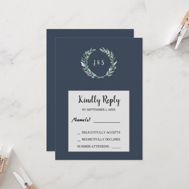 Watercolor leaves on navy blue monogrammed RSVP Invitation (Front/Back In Situ)