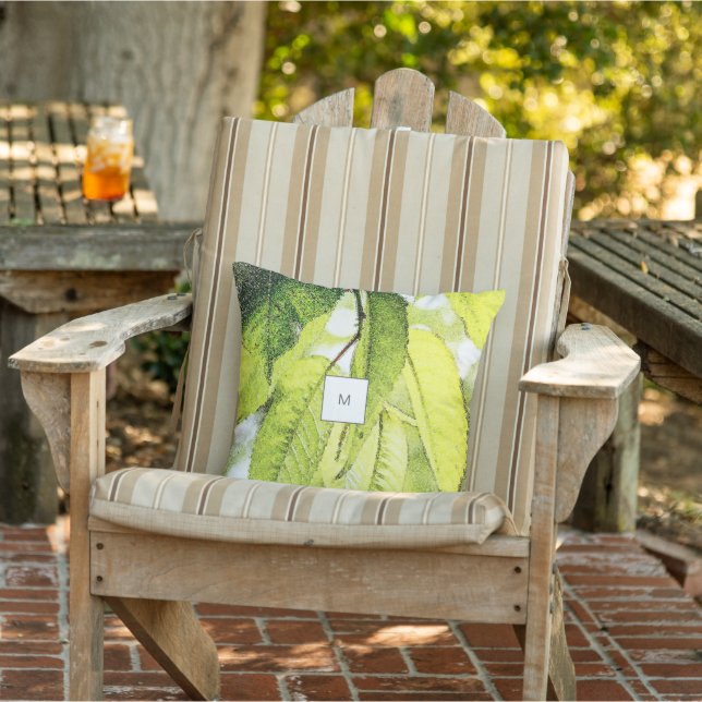 Watercolor leaves pattern monogrammed outdoor cushion (Chair)