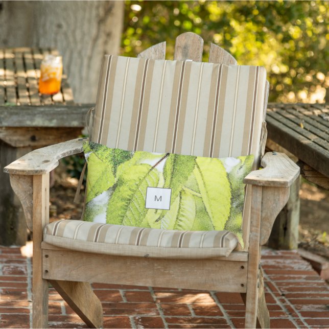 Watercolor leaves pattern monogrammed outdoor lumbar cushion (Chair)