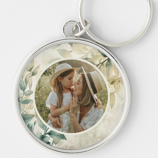 Watercolor Leaves Pattern Personalised Photo Key Ring (Front)
