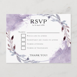 Watercolor Leaves Purple Lilac Grey Wedding RSVP Postcard