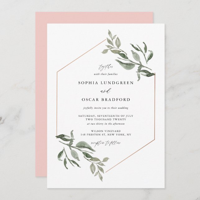 Watercolor Leaves Rose Gold Frame Wedding Invitation (Front/Back)