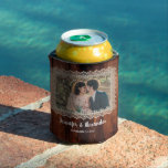 Watercolor leaves rustic wood lace photo wedding can cooler<br><div class="desc">Botanical watercolor olive leaves,  bride and groom,  rustic wood,  lace,  photo Wedding can cooler.
You can personalise it and add your photo,  names and wedding date.</div>