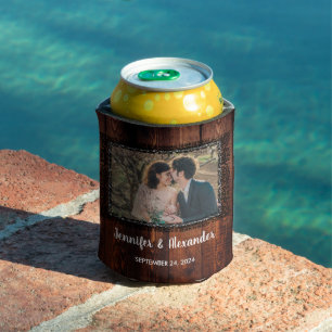 Watercolor leaves rustic wood photo wedding can cooler