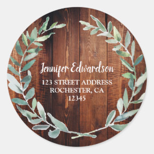 Watercolor leaves rustic wood return address classic round sticker