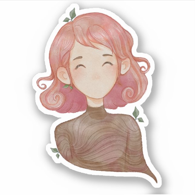 Watercolor Leaves & Tree Girl Character (Front)