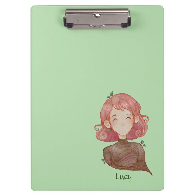 Watercolor Leaves & Tree Girl Character Clipboard (Front)