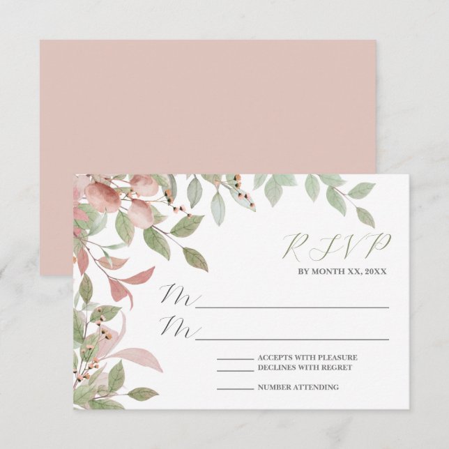 Watercolor Leaves Wedding Reply RSVP Card (Front/Back)