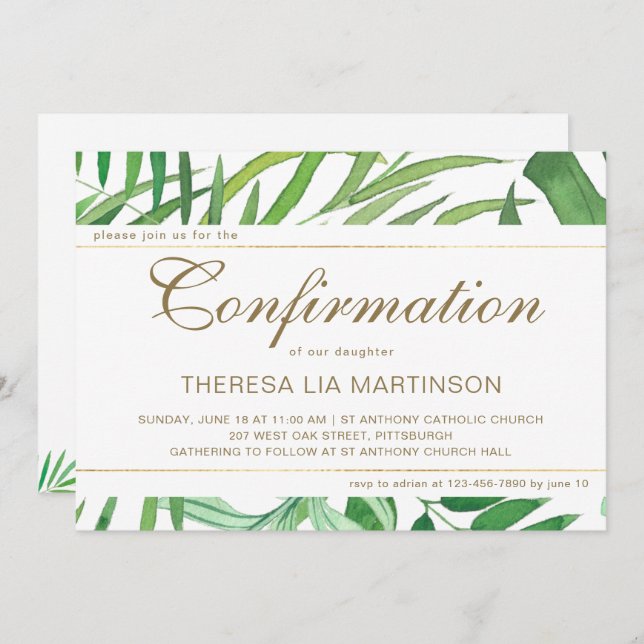 Watercolor Leaves with Cross Confirmation Invitation (Front/Back)