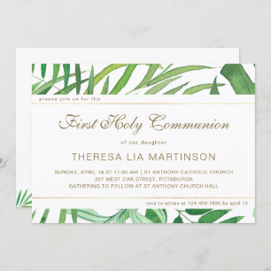 Watercolor Leaves with Cross Holy Communion Invitation