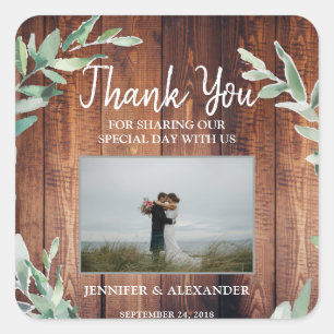 Watercolor leaves wood photo Wedding Thank You Square Sticker