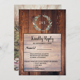 Watercolor leaves wood Wedding RSVP dinner options Invitation