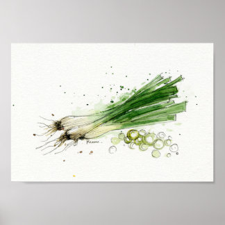 Watercolor, leeks vegetable kitchen art poster