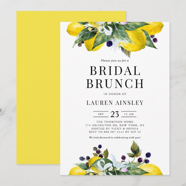 Watercolor Lemon and Blackberry Bridal Brunch Invitation (Front/Back)