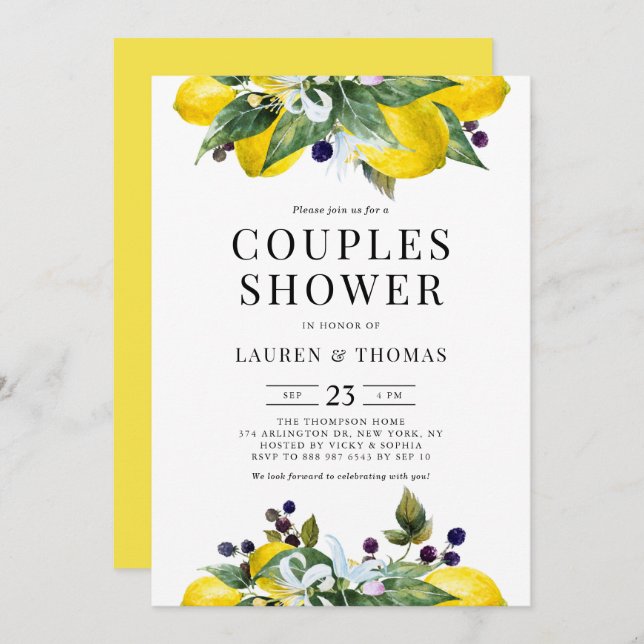 Watercolor Lemon and Blackberry Couples Shower Invitation (Front/Back)