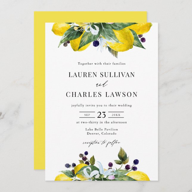 Watercolor Lemon and Blackberry Summer Wedding Invitation (Front/Back)