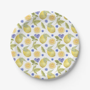 Watercolor Lemon and Blueberry Fruit with Leaves Paper Plate