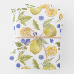 Watercolor Lemon and Blueberry Fruit with Leaves  Wrapping Paper Sheet