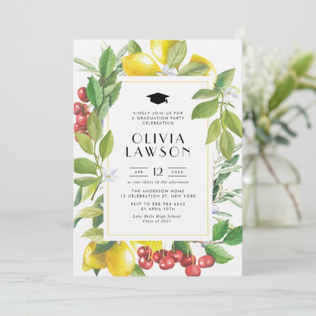 Watercolor Lemon and Cranberry Graduation Party Invitation (Standing Front)
