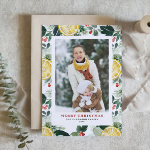 Watercolor Lemon and Greenery Photo Christmas Holiday Card