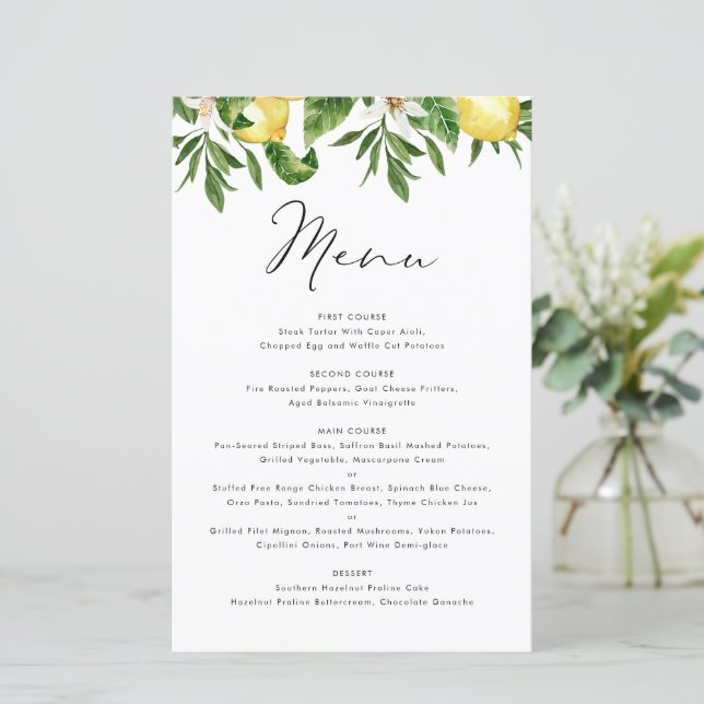 Watercolor Lemon and Greenery Summer Menu Card (Standing Front)
