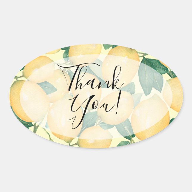 Watercolor Lemon and Greenery Thank You Oval Sticker (Front)