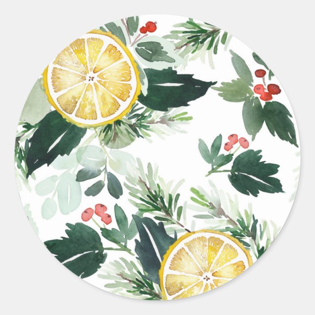 Watercolor Lemon and Holly Pattern Christmas Classic Round Sticker (Front)