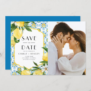 Watercolor Lemon and Moroccan Tile Pattern Photo Save The Date