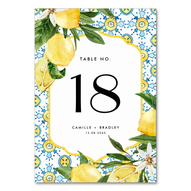 Watercolor Lemon and Moroccan Tile Wedding Table Number (Front)