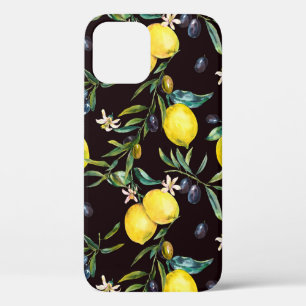Watercolor lemon and olive branches seamless patte iPhone 12 case