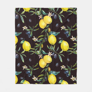 Watercolor lemon and olive branches seamless patte fleece blanket