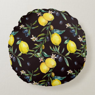 Watercolor lemon and olive branches seamless patte round cushion