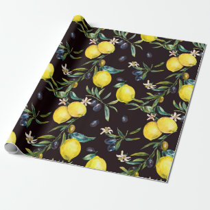 Watercolor lemon and olive branches seamless patte wrapping paper