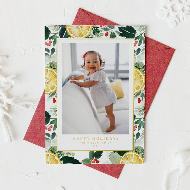 Watercolor Lemon and Winter Greenery Photo Foil Holiday Card (Creator Uploaded)