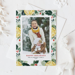 Watercolor Lemon and Winter Greenery Photo Holiday Postcard
