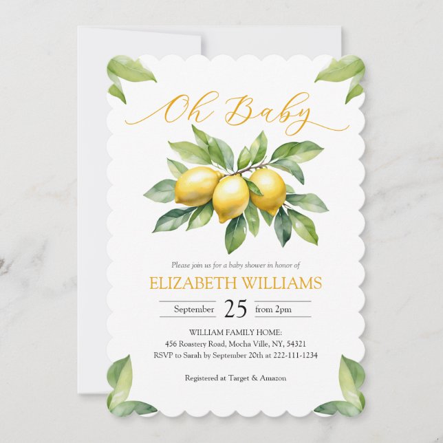 Watercolor Lemon Baby Shower Invitation (Front)