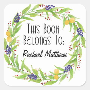Watercolor Lemon Berry Wreath Bookplate Square Sticker