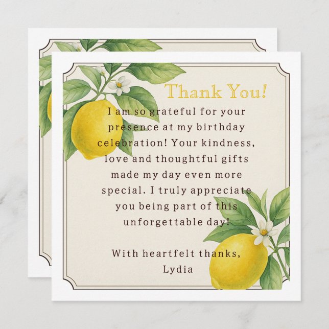 Watercolor Lemon Birthday Party Thank You Card (Front/Back)