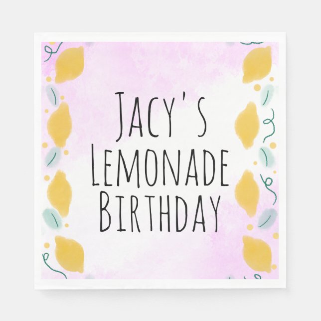 Watercolor Lemon Birthday Pink Yellow Border Art Napkin (Front)