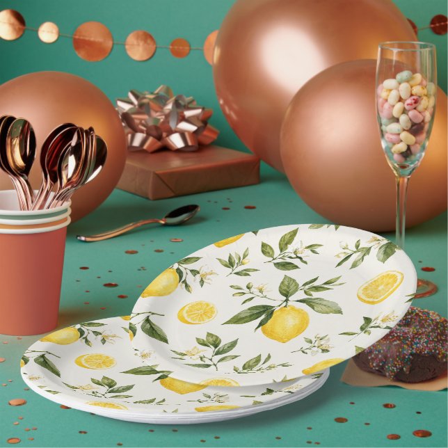 Watercolor Lemon Blossom Botanical Pattern Round Paper Plate (Multi)
