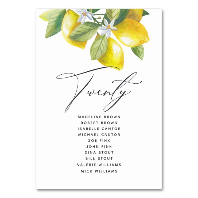 Watercolor Lemon Blossom Seating Chart Table Numbe Table Number (Front)
