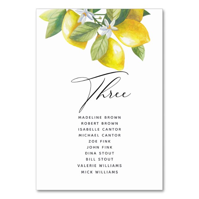 Watercolor Lemon Blossom Seating Chart Table Number (Front)