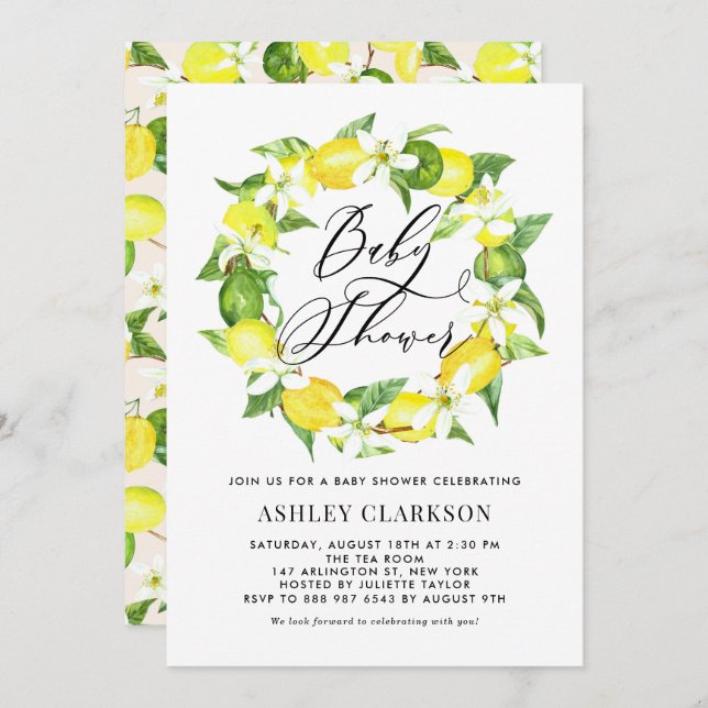 Watercolor Lemon Blossom Wreath Baby Shower Invitation (Front/Back)