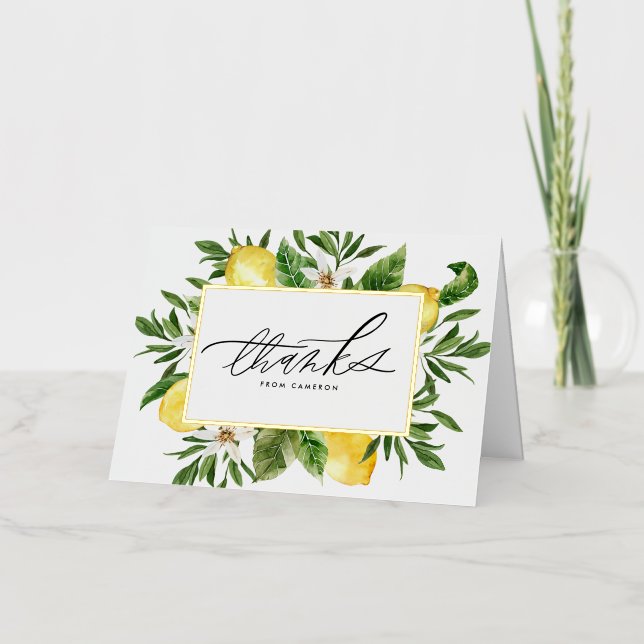 Watercolor Lemon Blossoms Frame Thank You Foil Greeting Card (Front)