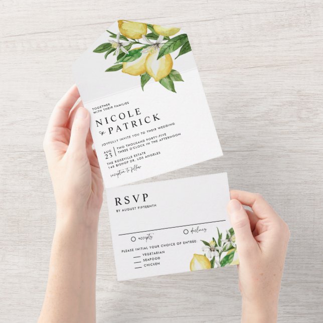 Watercolor Lemon Blossoms Summer Wedding All In One Invitation (Tearaway)