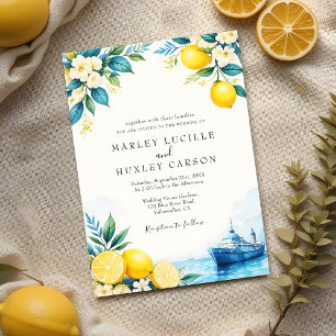 Watercolor Lemon Blue Italian Summer Wedding Invitation