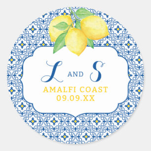 Watercolor Lemon Blue Mediterranean Tile Classic Round Sticker