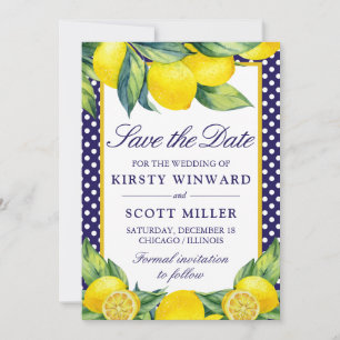 Watercolor Lemon Blue Polka Dot Save The Date Invitation